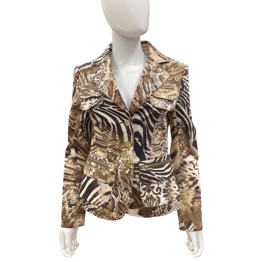 Vintage Cache Blazer Women’s SZ S Animal Pattern 97% Cotton Button Closure Brown